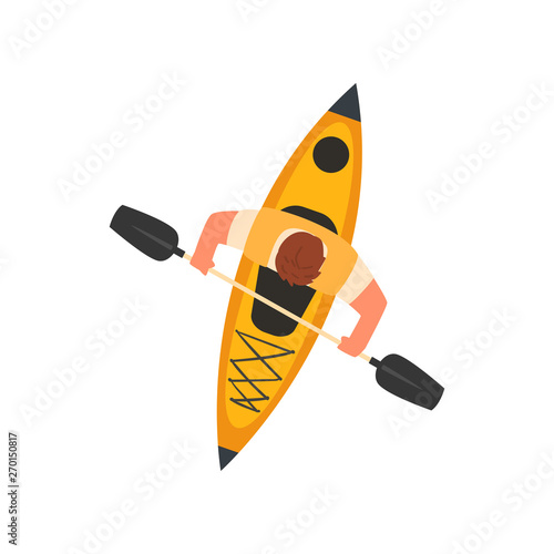 Man Paddling Kayak in Sea or River, Kayaking Water Sport, Outdoor Activities in Summertime, View from Above Vector Illustration