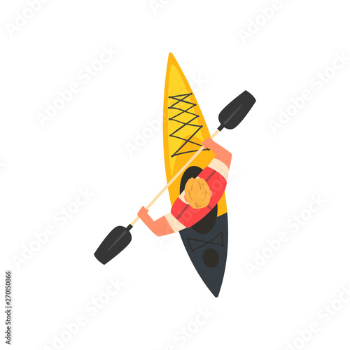 Man Paddling Kayak, Kayaking Water Sport, Outdoor Activities in Summertime, Top View Vector Illustration