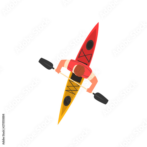 Man Paddling Kayak in Sea or River, Kayaking Water Sport, Outdoor Activities in Summertime, Top View Vector Illustration