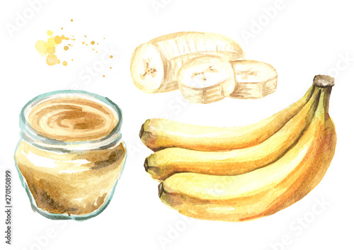 Banana cream with Bunch of ripe bananas and sliced one set. Watercolor hand drawn illustration, isolated on white background photo