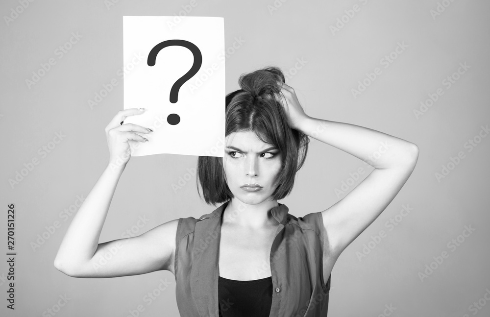 Getting answers, thinking. Question mark, symbol. Girl question. Woman with doubtful expression and question marks. Thinking woman. Black and white Getting answers, thinking. Question mark, symbol. Girl question. Woman with doubtful expression and question marks. Thinking woman. Black and white