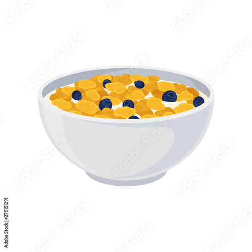 Crispy flakes with milk and berries in a ceramic bowl close-up. Vector illustration on white background.
