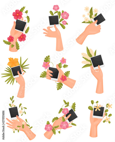 Set of images of hands with flowers and photographs. Vector illustration on white background.