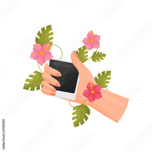 Hand firmly holds a photo card poloroid. Vector illustration on white background.