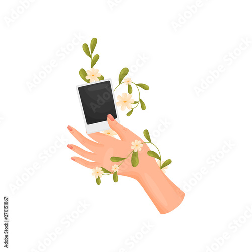 Hand is wrapped with a stem with flowers and leaves. Photo card in hand. Vector illustration on white background.