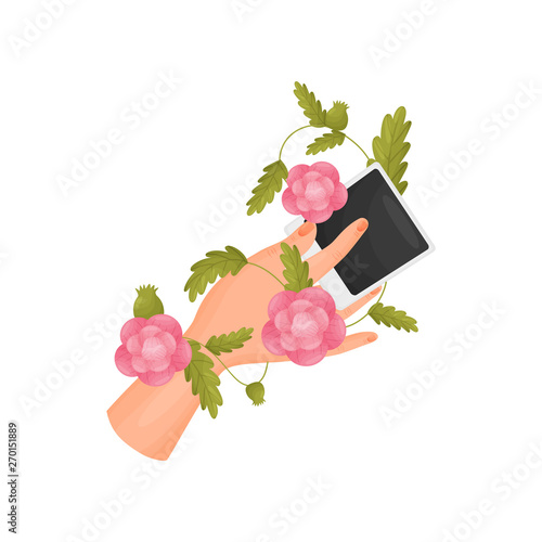 Stem with flowers, buds and leaves twists around the arm. Vector illustration on white background.