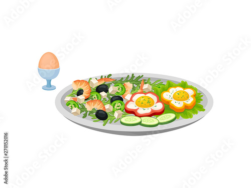Salad of shrimps and vegetables on the same plate with fried egg in rings of sweet pepper. Vector illustration on white background.
