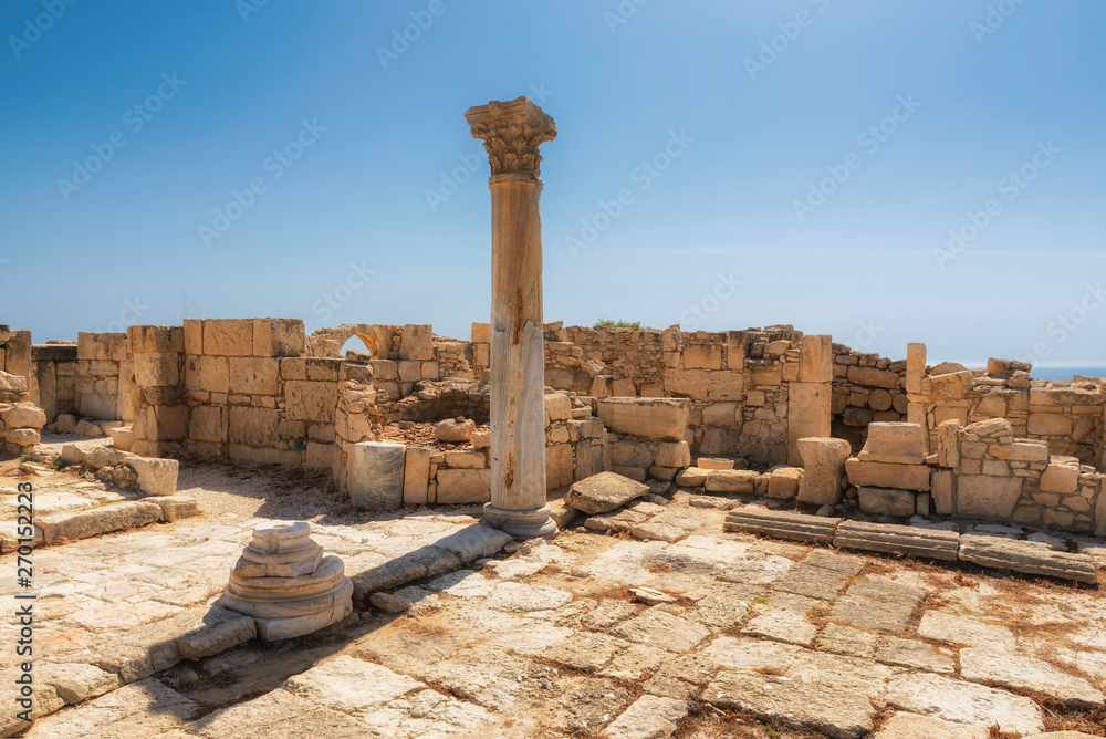 Ancient columns in ruins of ancient Kourion. Limassol District. Cyprus