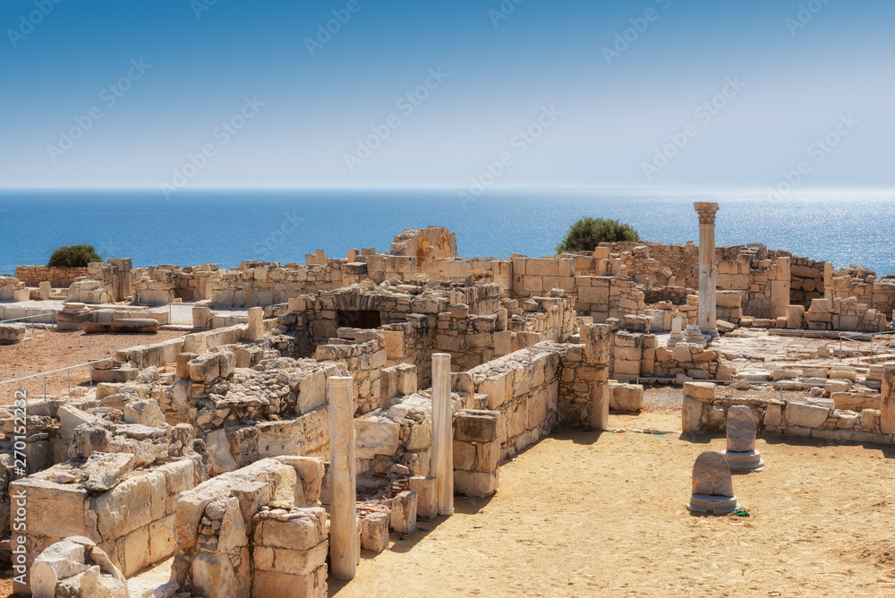 Ancient columns in ruins of ancient Kourion. Limassol District. Cyprus