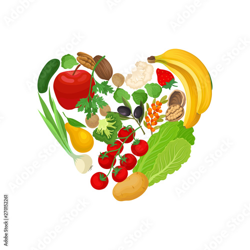 Vegetables, fruits and nuts are laid out in the shape of a heart. Vector illustration on white background.