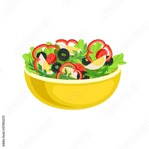 Vegetable salad in a deep yellow bowl. Vector illustration on white background.