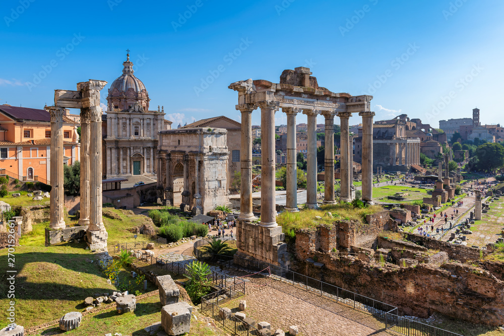 Ancient ruins of Roman Forum at sunrise in Rome, Italy