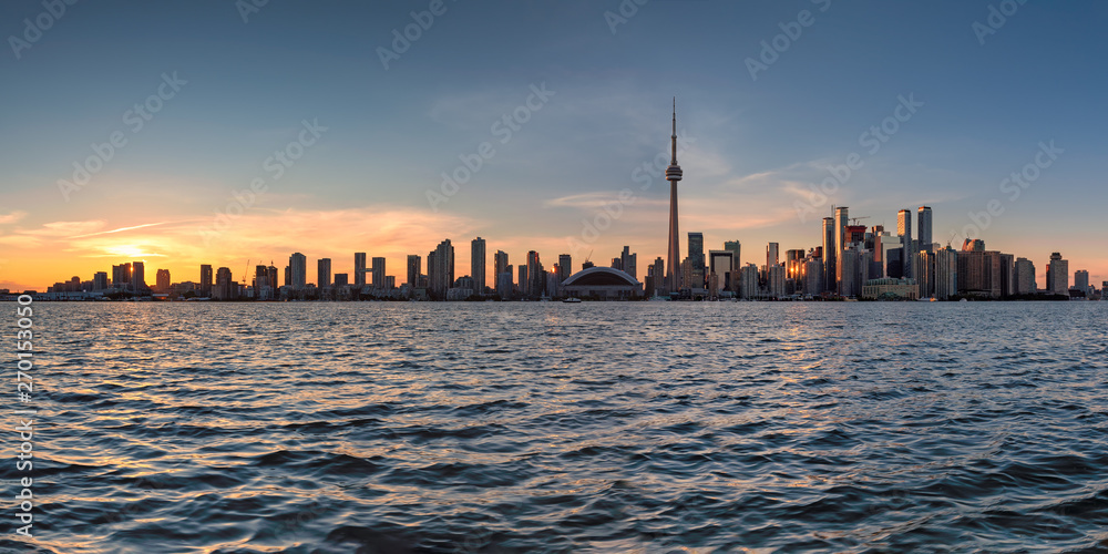 Panoramic view of Toronto city at sunset in Toronto, Ontario, Canada.