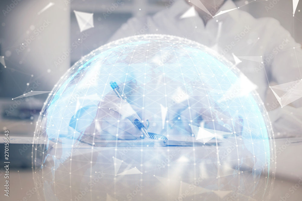 International business hud over woman's hands writing background. Concept of hard work. Double exposure International business hud over woman's hands writing background. Concept of hard work. Double exposure