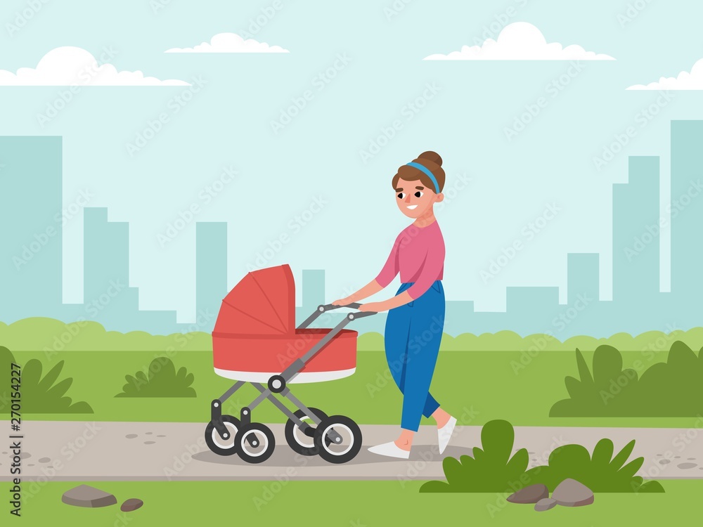 Mom and baby in baby carriage. Young Girl walking in the Park on background of building