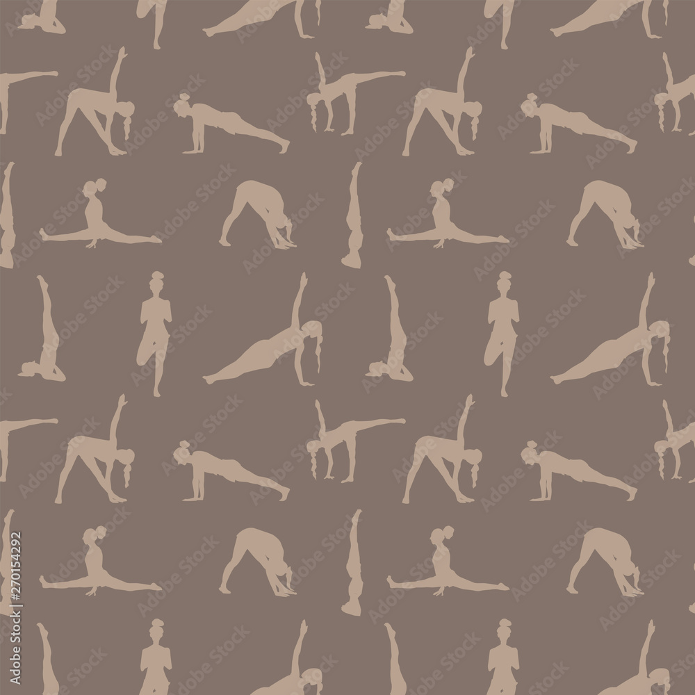 seamless pattern with silhouettes of yoga poses. vector illustration in brown pastel colors