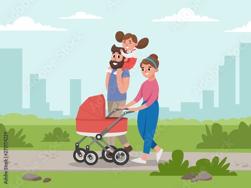 Cute young family for walk. Mom, dad, daughter and baby in baby carriage