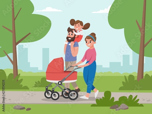 Cute young family for walk. Mom, dad, daughter and baby in baby carriage