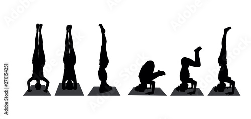 yoga pose headstand a set of variations of female silhouettes. vector illustration isolated on white background