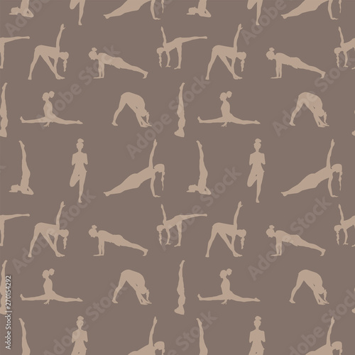 Fototapeta Naklejka Na Ścianę i Meble -  seamless pattern with silhouettes of yoga poses. vector illustration in brown pastel colors