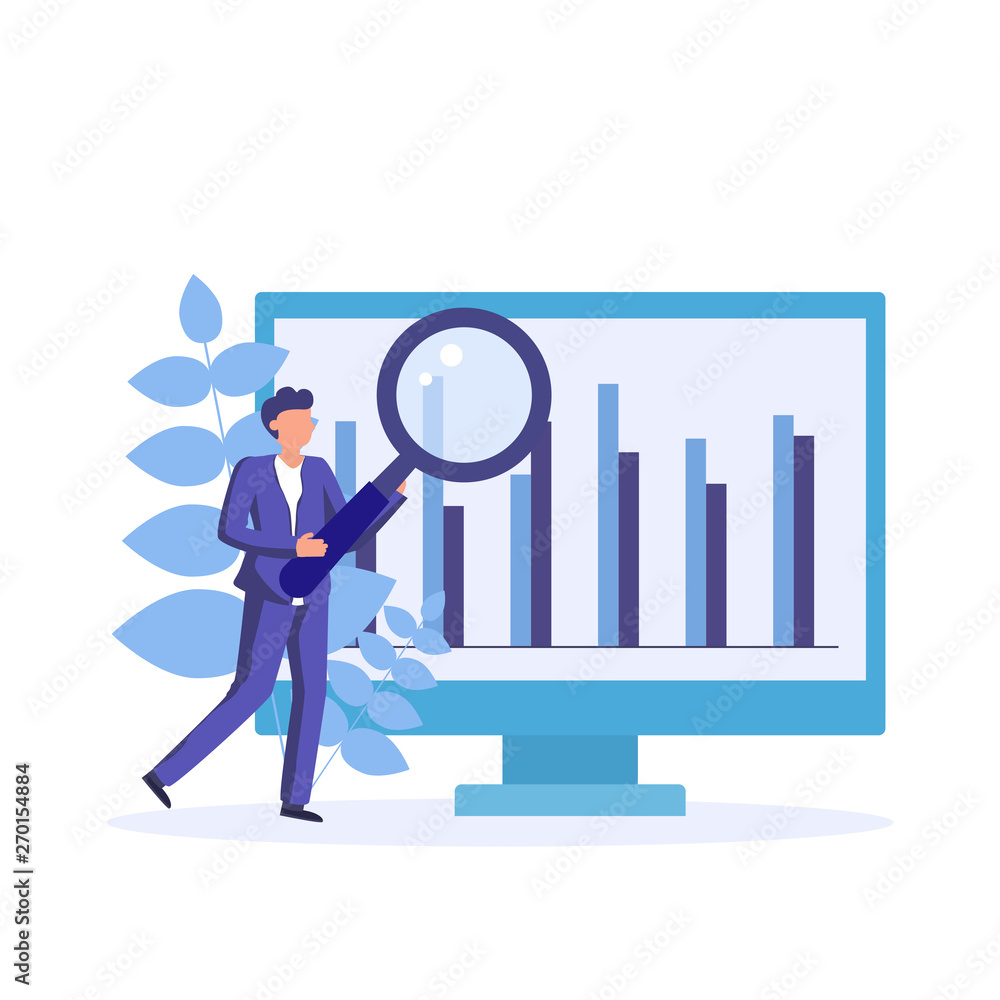 Monitoring and analyze finance report on computer monitor. Vector flat concept illustration. Monitoring and analyze finance report on computer monitor. Vector flat concept illustration.