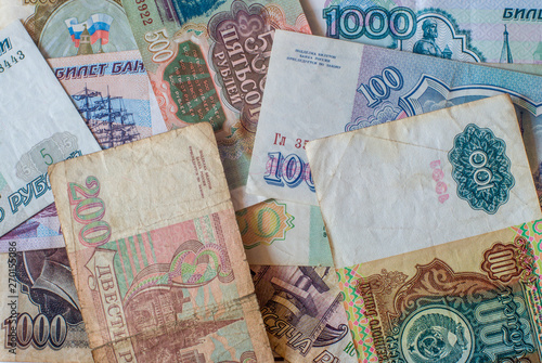Russian ruble. Russian and Soviet money of different years. Money USSR. Cash. Background texture.