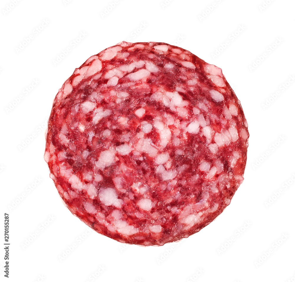 .Slices of salami. Isolated on a white background. sausage cut.uncooked smoked.mincemeat.. .Slices of salami. Isolated on a white background. sausage cut.uncooked smoked.mincemeat..