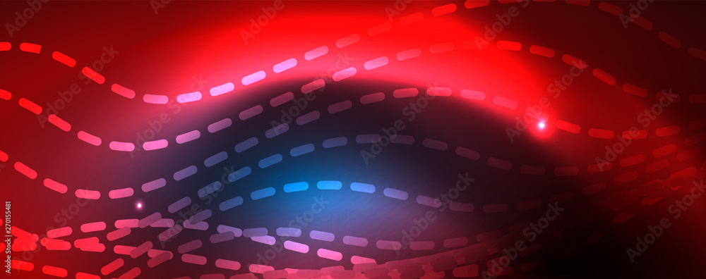 Fototapeta premium Smooth wave lines on blue neon color light background. Glowing abstract wave on dark, shiny motion, magic space light