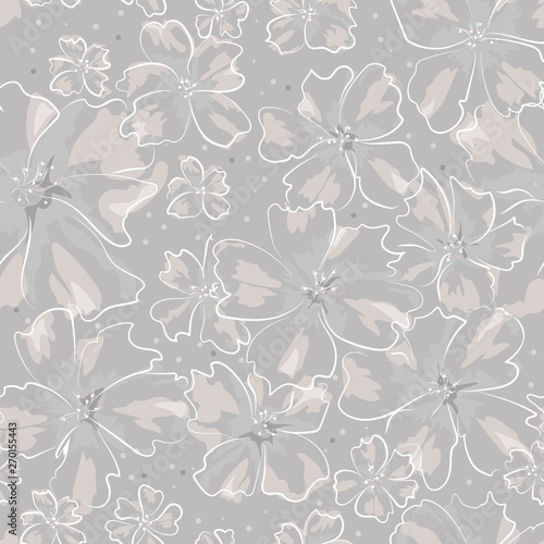 Floral vector seamless pattern. Abstract different size flowers in white outline on gray background. Softness floral ashen colored template for design, textile, wallpaper, carton, ceramic tile, card.