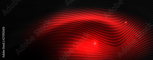 Smoky glowing waves in the dark. Dark abstract background with neon color light and wavy lines. Vector