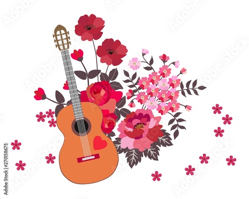 Acoustic guitar and bouquet of red and pink flowers isolated on white background. Cute cartoon illustration. Music symbol.