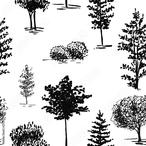 Trees, sketch pattern. Hand painted black trees on white background. Seamless wallpaper.