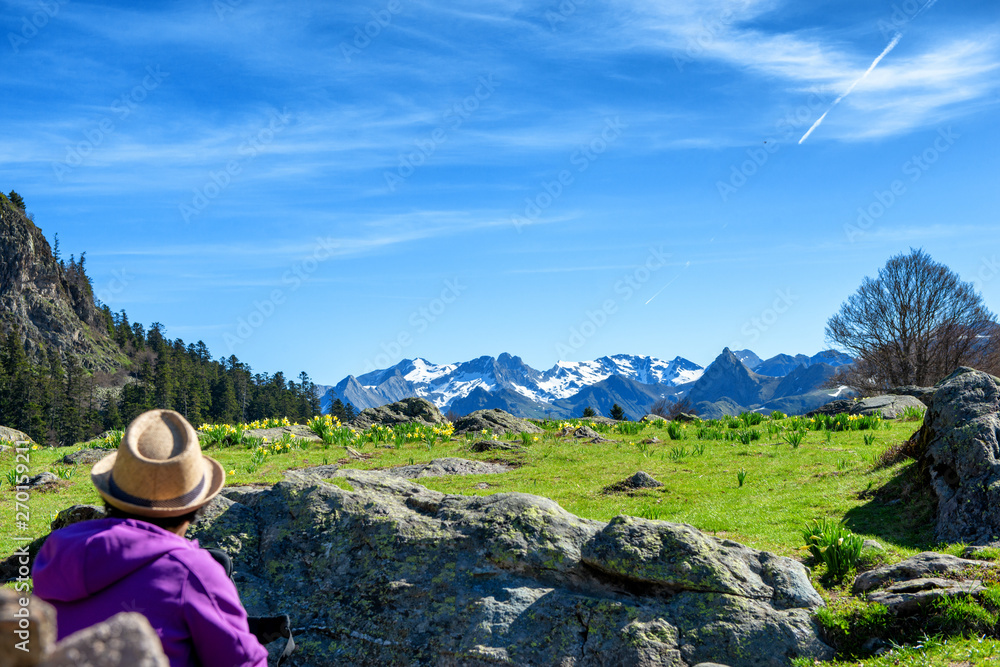 woman hiker on the path in the french Pyrenees woman hiker on the path in the french Pyrenees