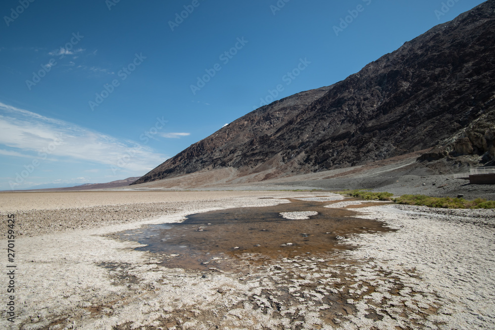 Death Valley, California / USA - May 24, 2019: Badwater Baseline in Death Valley California. Salt landscape in a National Park.