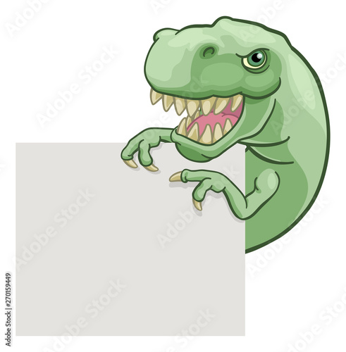 A dinosaur T Rex cartoon character peeking around a sign and pointing