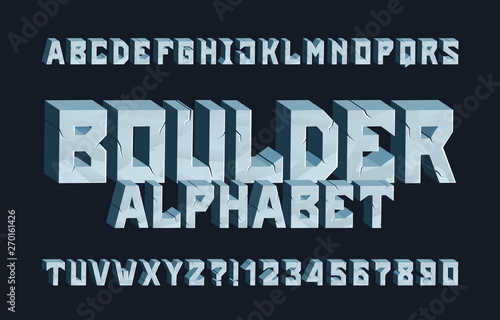 Boulder alphabet font. 3D Cracked letters and numbers. Stock vector typescript for your typography design.