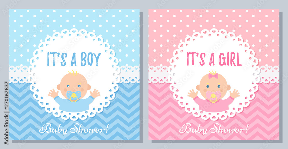 Baby Shower invitation. Vector. Baby boy, girl card. Cute blue pink design  banner. Birth party background. Happy greeting pastel poster. Welcome  template invite with newborn kid. Flat illustration vector de Stock