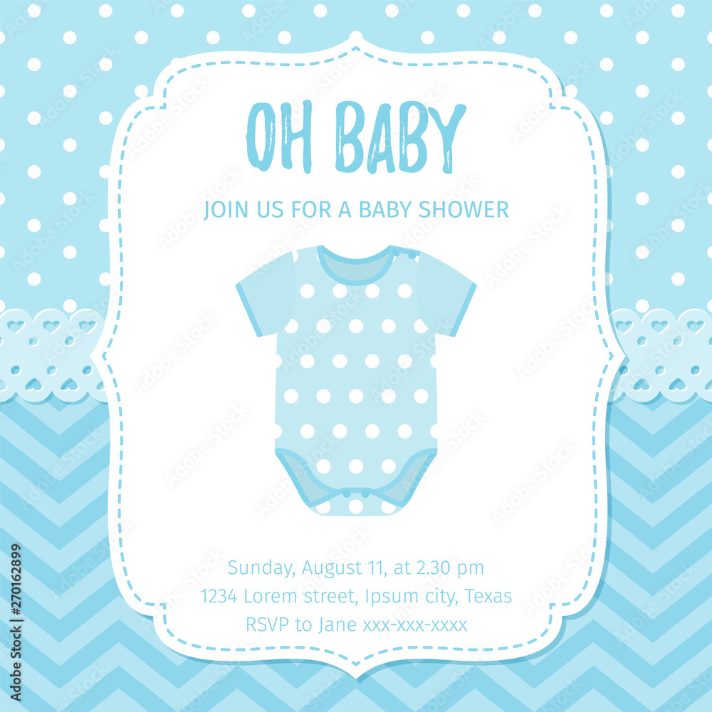 Baby Shower invitation. Vector. Baby boy card. Welcome template invite  banner. Cute blue design with onesie. Birth party background. Happy  greeting holiday poster. Cartoon flat illustration. vector de Stock | Adobe  Stock
