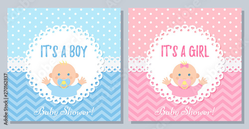 Baby Shower invitation. Vector. Baby boy, girl card. Cute blue pink design banner. Birth party background. Happy greeting pastel poster. Welcome template invite with newborn kid. Flat illustration