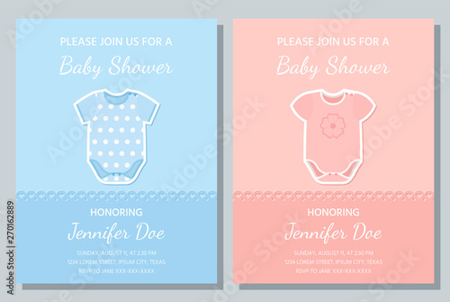 Baby boy, girl card. Vector Baby Shower invite. Welcome template invitation banner. Cute blue, pink design. Birth party background. Happy greeting holiday poster with onesie. Cartoon flat illustration