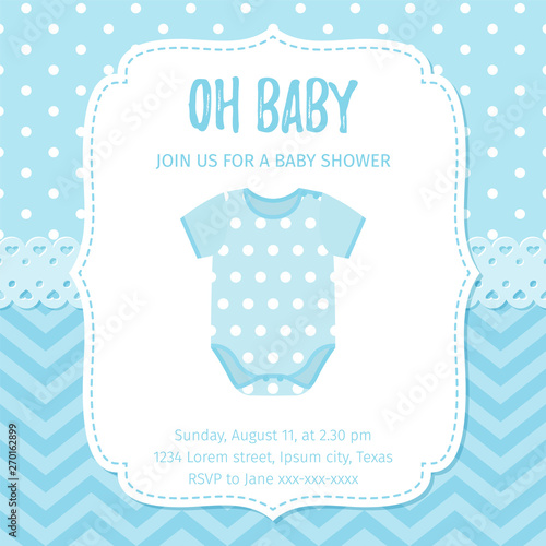 Baby Shower invitation. Vector. Baby boy card. Welcome template invite banner. Cute blue design with onesie. Birth party background. Happy greeting holiday poster. Cartoon flat illustration.