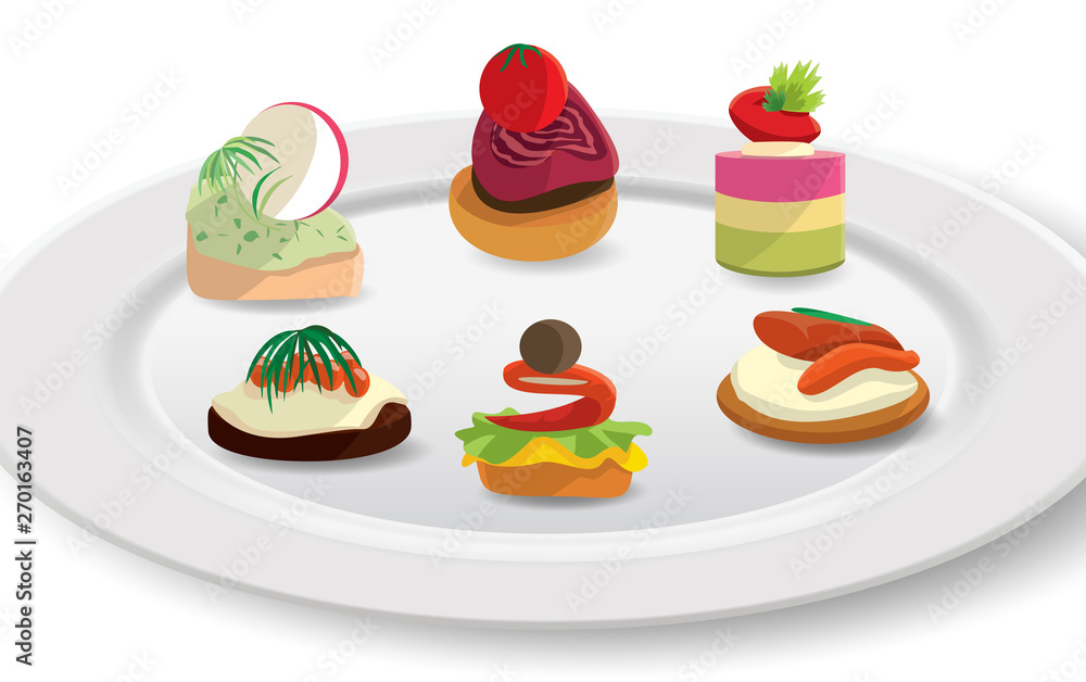 colorful canapes in the white plate on the white background colorful canapes in the white plate on the white background