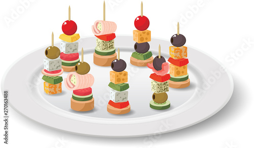 colorful canapes in the white plate on the white background