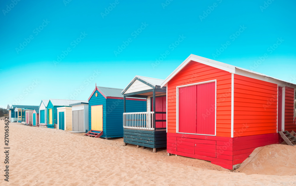 Beautiful Bathing houses at sandy beach at Brighton beach in Melbourne, Australia. Beautiful Bathing houses at sandy beach at Brighton beach in Melbourne, Australia.