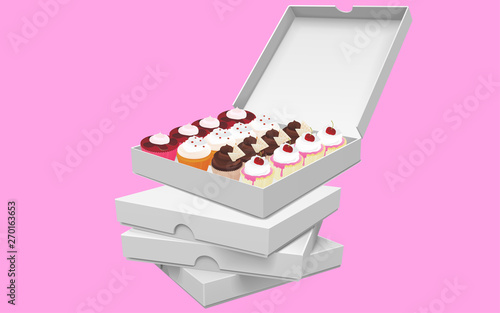 colorful cupcakes in the white paper box
