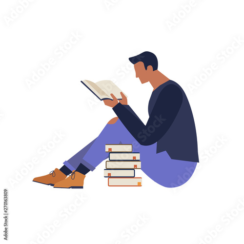 Book festival poster concept of a character reading a book and books piled up vector illustration flat design