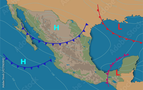 Mexico.Weather map of the Mexico. Meteorological forecast. Realistic and Editable synoptic map of the country showing isobars and weather fronts. Vector illustration. EPS 10.
