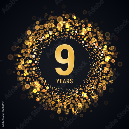 9 th years anniversary isolated vector design element. Nine birthday logo with blurred light effect on dark background