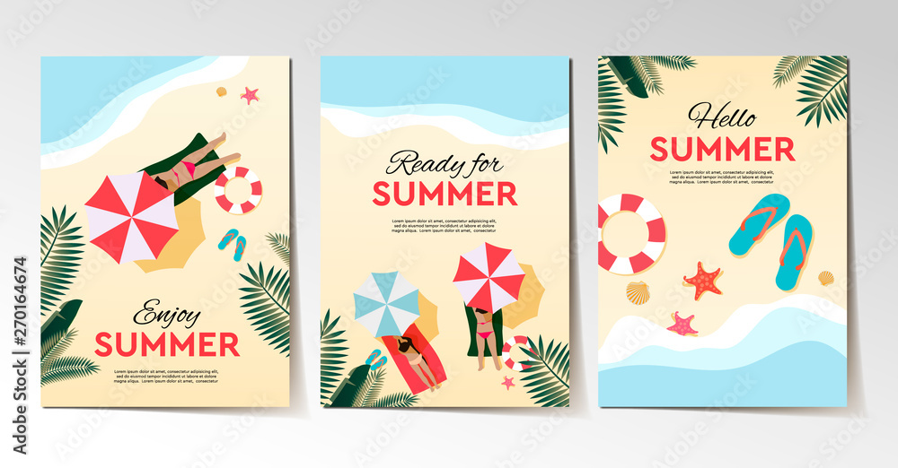 Set of summer holidays and tropical vacation posters or greeting card. Vector flat design.