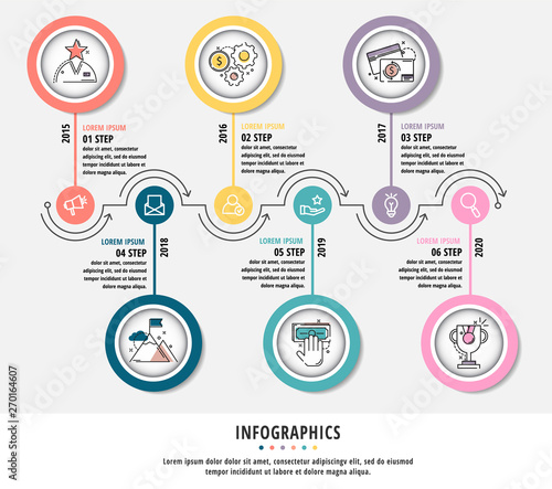 Vector modern flat illustration. Infographic template with elements, circles, text. Designed for business, presentations, web design, diagrams, education. Step by step. Process chart